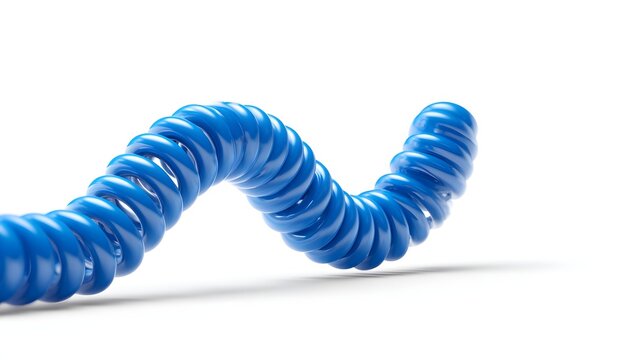 Blue coiled telephone cord isolated on white background with copy space for telecommunication and analog contact concept