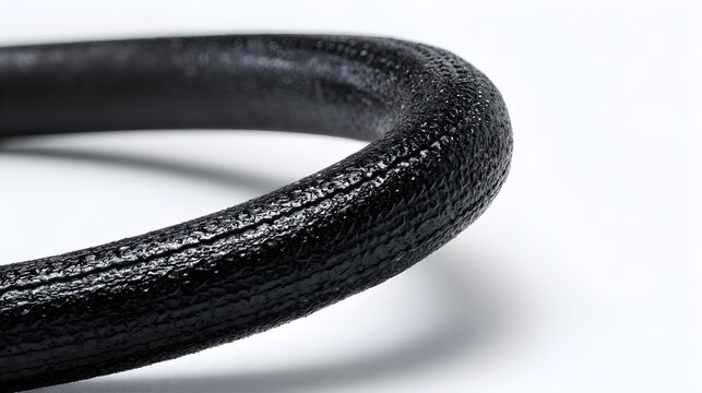 Black textured rubber o-ring seal close up isolated on white background for industrial automotive engineering copy space concept