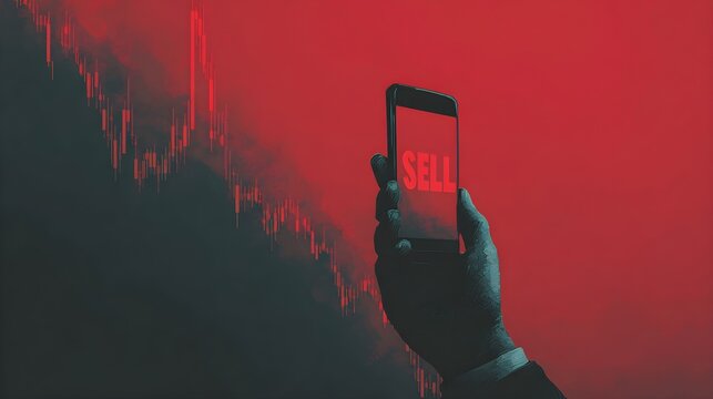 Hand holding smartphone with stock market crash graph and red sell alert notification over blurred financial charts background