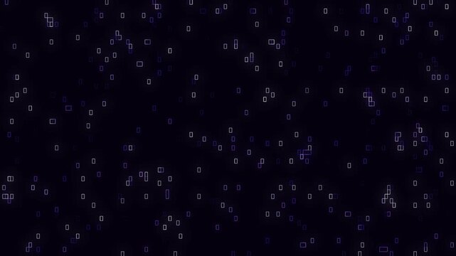 Dark background with scattered glowing purple digital squares. Abstract dark background with scattered glowing purple squares. Modern dark background with purple squares.