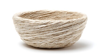 Obraz premium Handmade beige twine bowl crafted from coiled jute rope isolated on white background, rustic artisanal interior decor