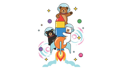 Naklejka premium Three cute cartoon space bears wearing helmets and flying on a colorful rocket ship through a starry galaxy.