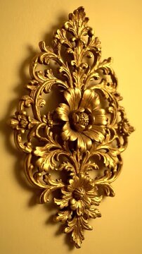 An ornate golden floral carving hangs on a yellow wall