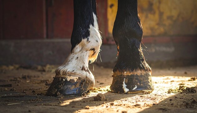 Muddy Horse Hooves Standing on Dusty Stable Floor in Warm Sunlight