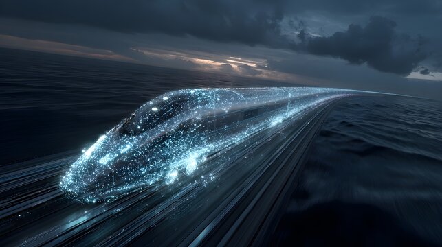 Futuristic high speed bullet train glowing with light particles speeding across the ocean at sunset, fast fiber optic data concept