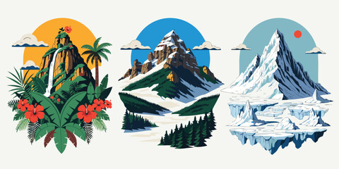 Three different mountain peaks showing tropical waterfall snowy forest and arctic glaciers in flat vector art © Ferewa