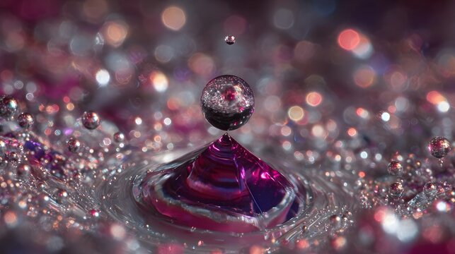 Water Drop Splash Macro Close Up with Floating Sphere and Vibrant Pink Bokeh Background, Abstract Cinematic Fluid Motion Concept