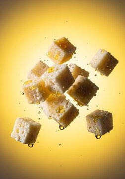 Fresh cheese cubes falling with honey droplets on yellow background, levitating maasdam cheese pieces, gourmet appetizer snack food photography