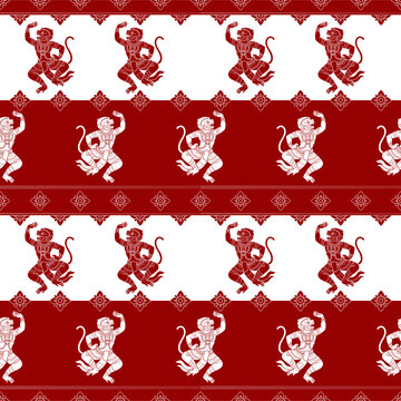 Thai traditional monkey seamless pattern on red and white, hanuman character ethnic fabric ornament vector for luxury textile design