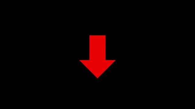 Vibrant red arrow pointing downward isolated on a solid black background, high-contrast minimalist for digital presentations, user interface navigation cues, and motion media 4k video .