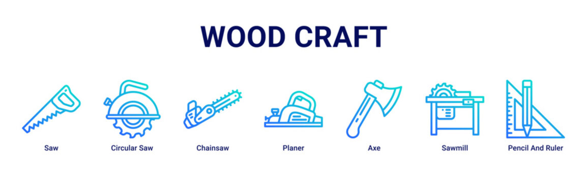 Wood Craft web banner icon vector illustration with Saw, Circular Saw, Chainsaw, Planer, Axe, Sawmill and Pencil And Ruler for woodworking projects
