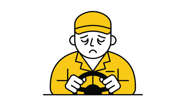 Weary driver with closed eyes and a sad expression holding a steering wheel during a long road trip on white background.