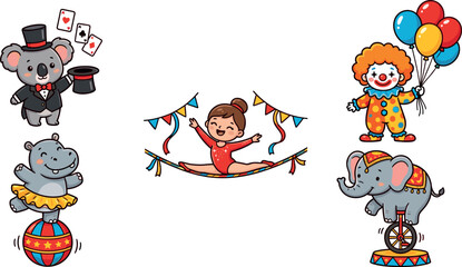Cute circus vector character set featuring a cartoon clown with balloons, koala magician, gymnast on a tightrope, elephant on a unicycle, and a hippo balancing on a ball. © Md. Ashik Hossain