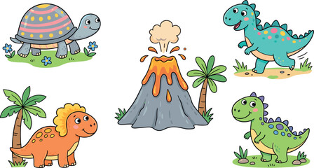 Cute prehistoric dinosaur vector sticker set featuring a cartoon volcano eruption, t-rex, triceratops, stegosaurus, turtle, and tropical palm tree elements. © Md. Ashik Hossain