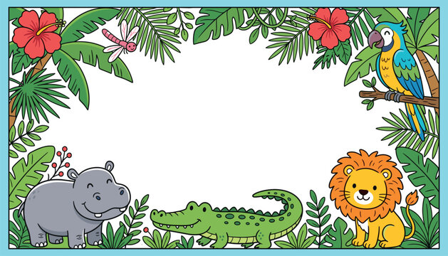 Cute jungle animals border template featuring cartoon lion hippopotamus crocodile and parrot with tropical leaves flowers and empty white copy space.