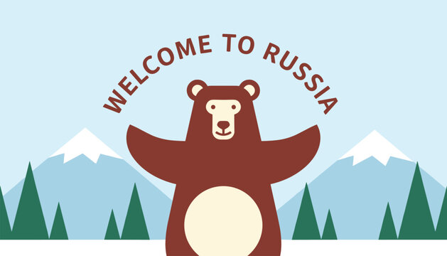 Welcome to Russia travel poster featuring a friendly cartoon brown bear with open arms in front of snow-capped mountains.