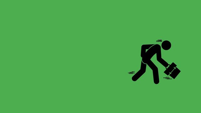 Businessman running icon animation on green screen. Silhouette figure holding briefcase. Stop motion style.