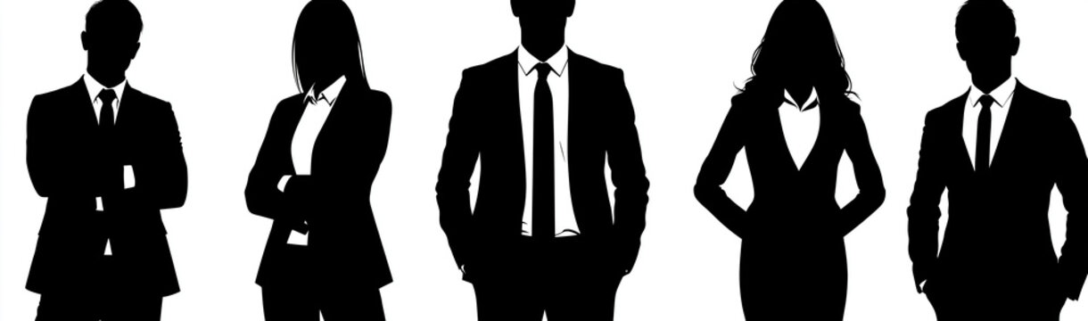 Corporate silhouettes: A group of five business people stand in silhouette, conveying a sense of professionalism and unity. The image evokes a feeling of formality and shared purpose.