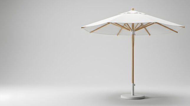 Minimalist white patio umbrella with wooden pole, modern outdoor sunshade for garden and terrace, luxury beach parasol isolated on grey background