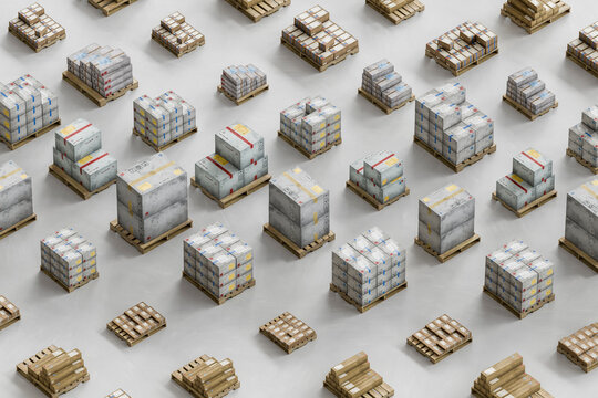 3D warehouse pallet inventory arranged for storage logistics.