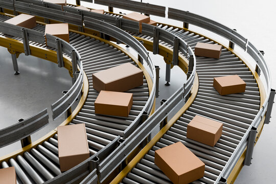 3D conveyor parcel sorting through an automated warehouse line.
