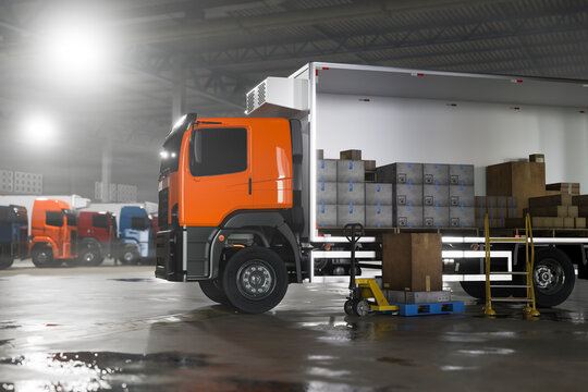 3D freight truck loading inside a modern warehouse bay.