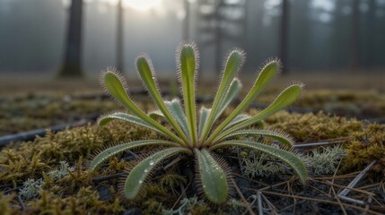 Obraz premium A sundew plant thrives in Liberec's Jizera Mountains Peat Bog, its radiating spoon-shaped leaves covered in fine dew droplets.