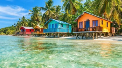 Obraz premium Colorful overwater bungalows on tropical island lagoon with palm trees white sand clear sea and sunny sky idyllic vacation resort landscape for travel tourism holiday honeymoon escape leisure retreat