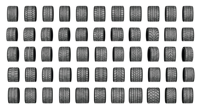 Comprehensive grid of various automobile tire tread patterns displayed in a detailed black and white line art collection.