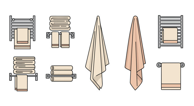 Bathroom towel set illustrates various ways of hanging on racks, folding in stacks, or draping on hooks in neutral beige tones.