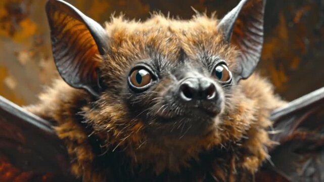 A close portrait of a furry brown bat with large ears