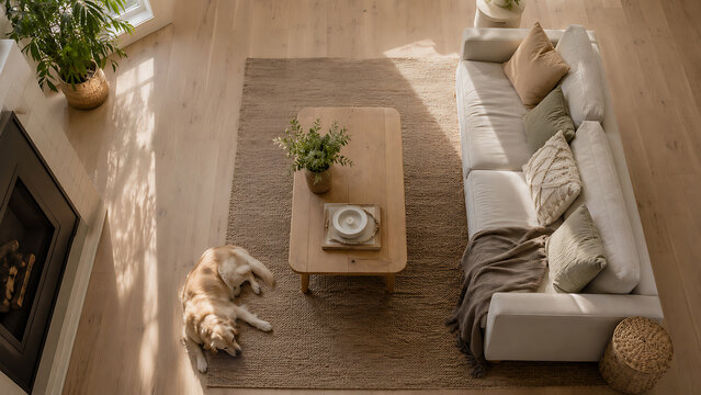 pet friendly home lifestyle top view realistic stock photo