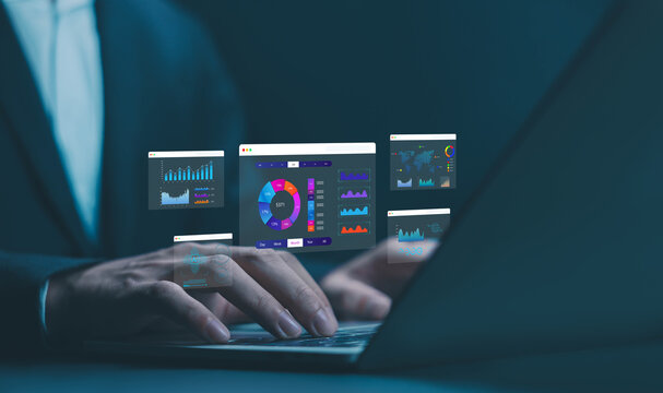 charts and AI data on a laptop, a technology digital data reporting dashboard. Businessman analyzing digital dashboards and performance tracking. business intelligence, showing data analytics