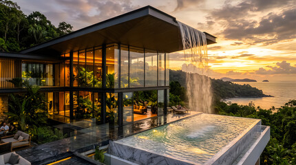 Fototapeta premium Modern luxury villa with infinity pool overlooking the ocean at sunset