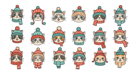 Fototapeta premium Set of fifteen adorable cat characters each wearing a unique colorful winter knitted hat and matching scarf for cold weather.