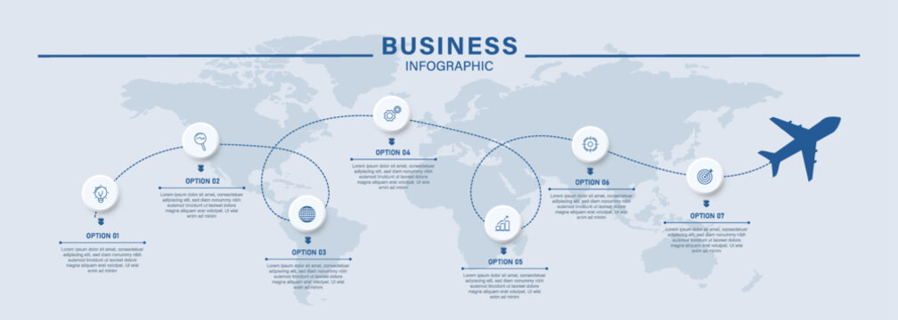 Modern travel infographic template with six connected journey steps, airplane route, and world map background