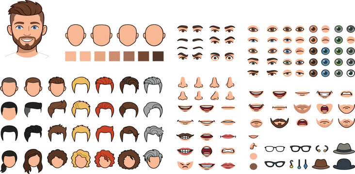 Male Character Creator Kit with Hairstyles, Facial Features, Expressions, Skin Tones, Accessories, and Custom Avatar Design Elements Collection