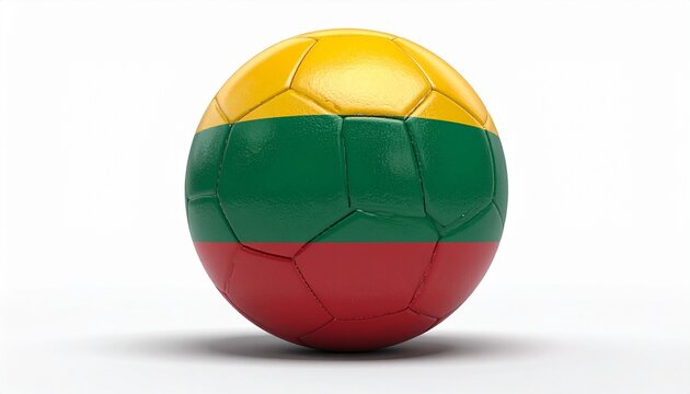 A soccer ball featuring the Lithuanian flag design with yellow, green, and red horizontal stripes, symbolizing national pride, unity, and the spirit of football culture.