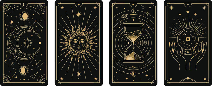 Mystical Tarot Card Vector Set with Gold Celestial Sun Moon Hourglass and Crystal Ball Symbols for Esoteric Fortune Telling and Astrology Designs