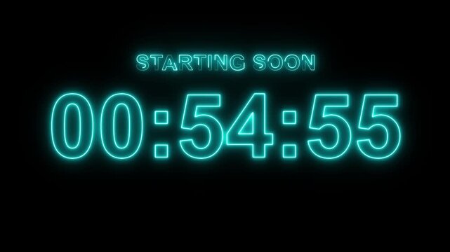 Starting soon neon digital countdown clock timer in 1 hours to zero second on black background with alpha channel. Neon text number to one hours to zero second count animation.