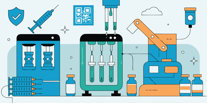 Industrial robotic arm assembly line packaging vials and syringes in a pharmaceutical manufacturing facility