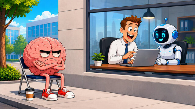Sad Human Brain Replaced by AI Assistant Funny Workplace Cartoon Illustration
