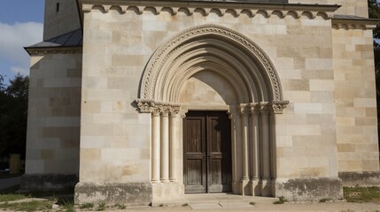Obraz premium A grand Gothic church exterior in Poland features a stunning arched doorway with intricate stone carvings and weathered wooden doors.