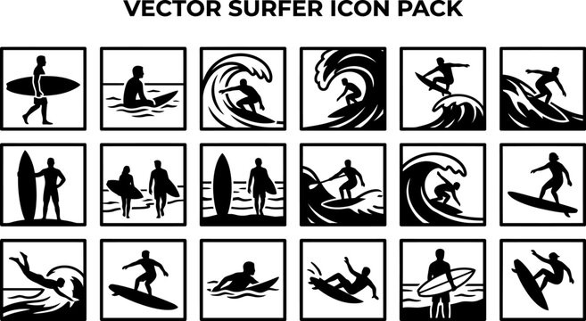 vector surfer icons pack with various surfing actions and poses