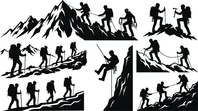 Black silhouettes of people climbing mountains with ropes and backpacks on white background