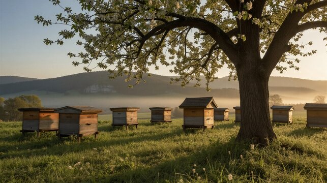 A serene morning in a traditional bee garden, with multiple wooden beehives arranged among lush green grass and a large flowering apple tree under warm golden hour light.