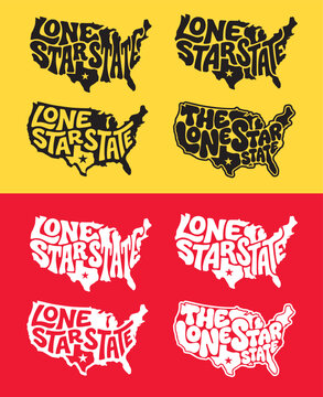 "Lone Star State" hand-lettered typography inside US map with Texas silhouette. Four vintage distressed vector versions on yellow and red. Perfect for t-shirts, stickers, souvenirs.