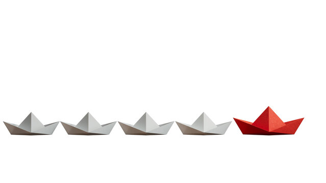 Different business concept.new ideas. paper art style.leader boat concept with red paper boat leading among white boats.Supports PNG files with transparent backgrounds.