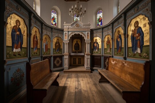 A traditional Russian Orthodox church nave features ornate iconostasis and stained glass windows in a classic architectural style.