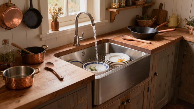 Running Water in Farmhouse Kitchen Sink with Dishes and Copper Cookware